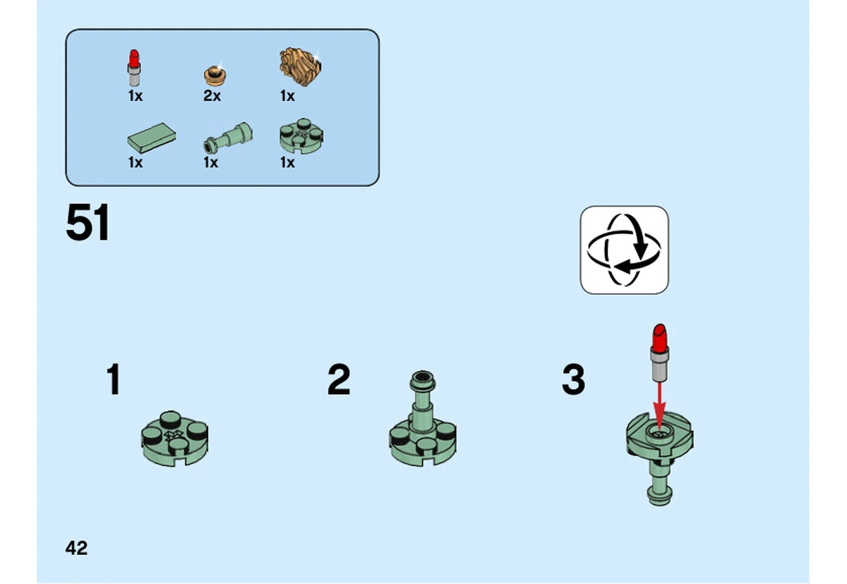 Notice LEGO 40367, page 42, étape 51 : Le manche et sa coupelle se montent autour d’un petit élément rouge, avant la flamme dorée.