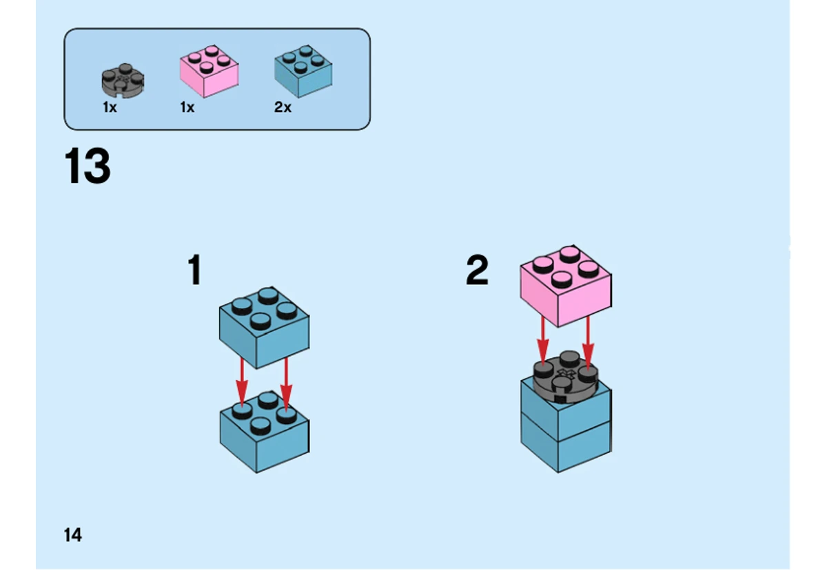 Notice officielle LEGO 40377, page PDF 14, étape 13 : Assemblage du noyau avec une brique rose et deux briques bleu clair, avant l’ajout des faces.