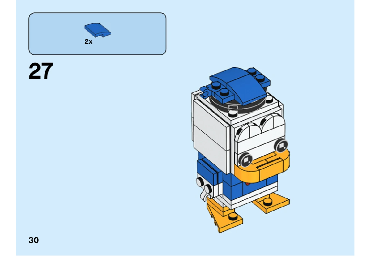 Notice officielle LEGO 40377, page PDF 30, étape 27 : Deux petites pentes bleues complètent les bords du béret.