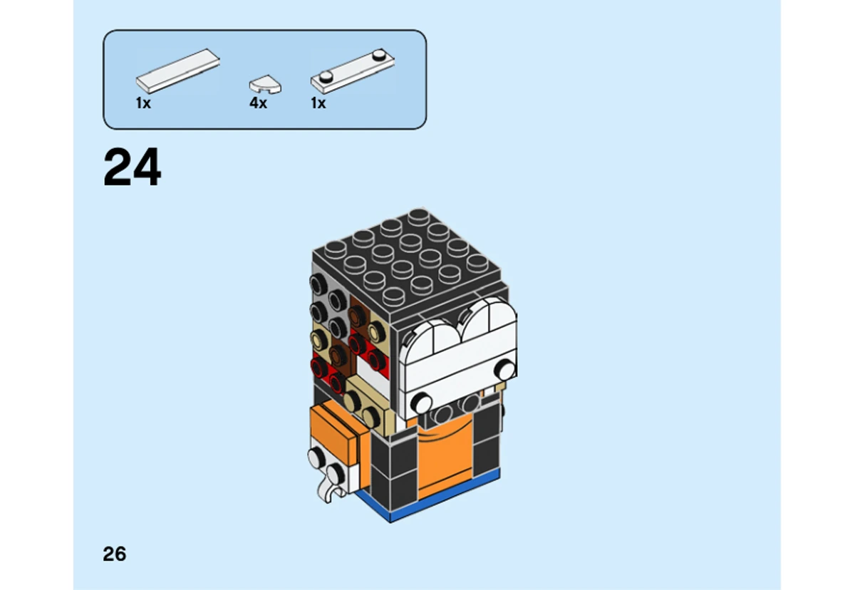Notice officielle LEGO 40378, page PDF 26, étape 24 : Une tuile blanche et quatre quarts de disque blancs forment le front et les sourcils stylisés.