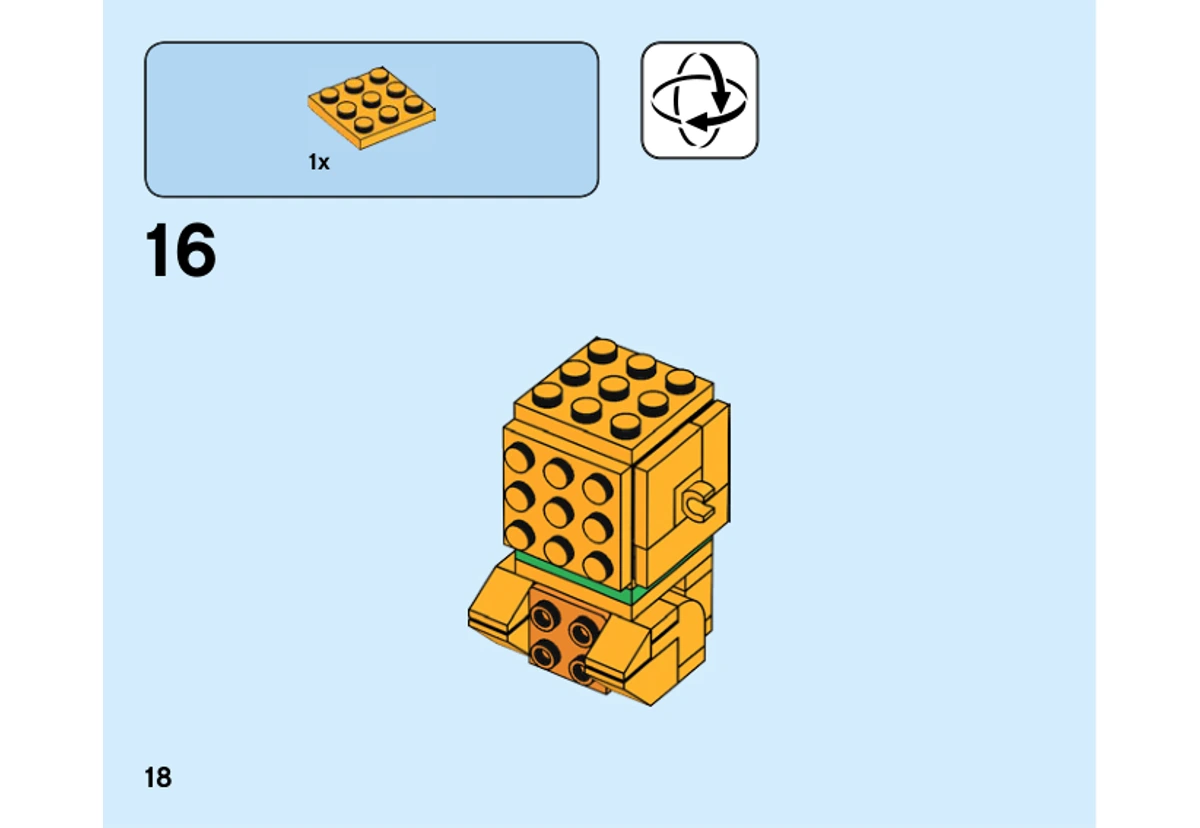 Notice officielle LEGO 40378, page PDF 18, étape 16 : Une plaque carrée jaune orangé ferme le dessus du petit personnage, dont le visage reste inachevé.