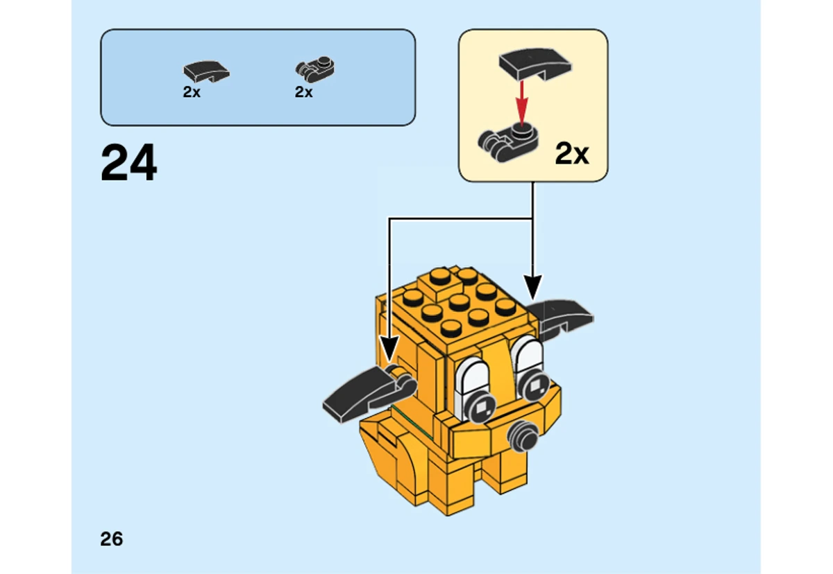 Notice officielle LEGO 40378, page PDF 26, étape 24 : Deux sous-assemblages noirs composent les oreilles allongées, montrées au-dessus de la tête avant fixation.
