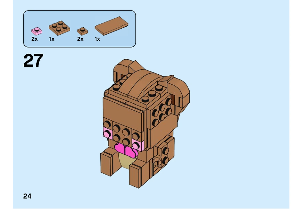 Notice LEGO 40379, livret 6309014, page 24, étape 27 : Deux plaques roses forment les joues ; les plaques nougat moyen et la tuile 2 × 4 complètent le haut de la face.