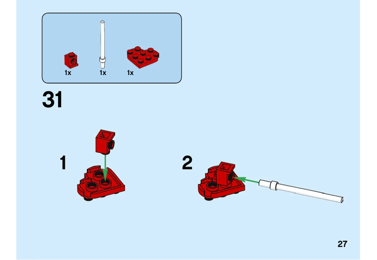 Notice LEGO 40379, livret 6309014, page 27, étape 31 : La plaque en forme de cœur rouge reçoit un petit raccord rouge puis sa tige blanche, en deux sous-étapes ; la pose dans la main suit page 28.