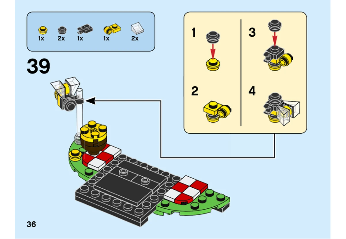 Notice LEGO 40379, livret 6309014, page 36, étape 39 : Un petit assemblage jaune et noir reçoit ses ailes transparentes, puis rejoint la tige transparente du socle.