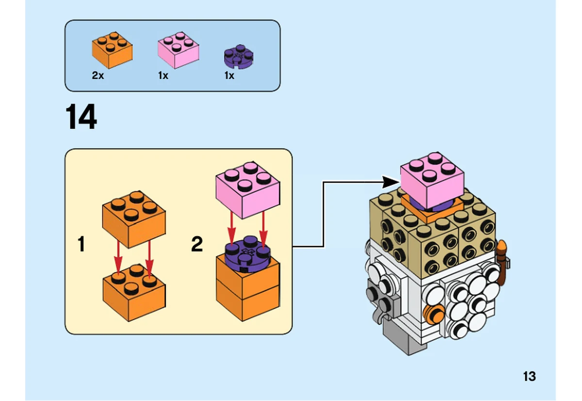 Notice LEGO 40380, livret 6309016, page 13, étape 14 : Des briques orange, violette et rose sont assemblées puis placées dans le noyau ouvert.