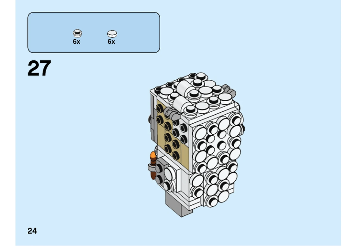Notice LEGO 40380, livret 6309016, page 24, étape 27 : Six plaques rondes blanches et six tuiles rondes blanches complètent le côté de la tête.