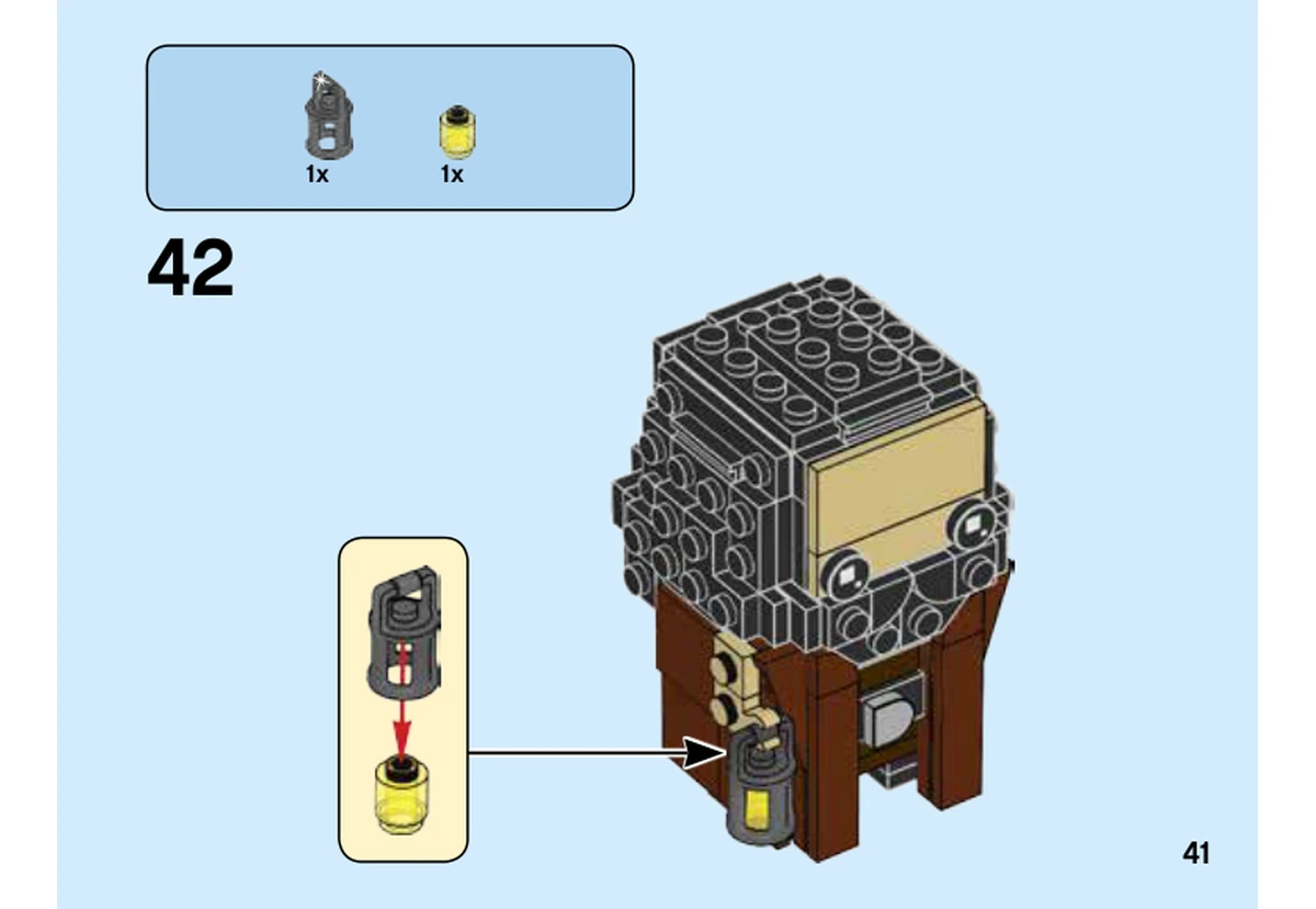 Notice LEGO 40412, livret 6324674, page 41, étape 42 : la lanterne reçoit un élément transparent jaune et rejoint la main de Hagrid.