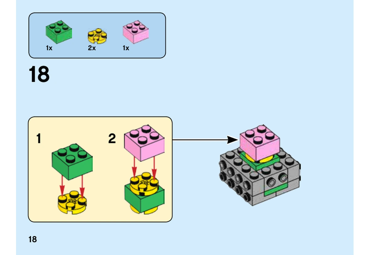 Notice LEGO 40412, livret 6324676, page 18, étape 18 : Un petit assemblage vert, jaune et rose est placé au centre de la tête ouverte de l’hippogriffe.