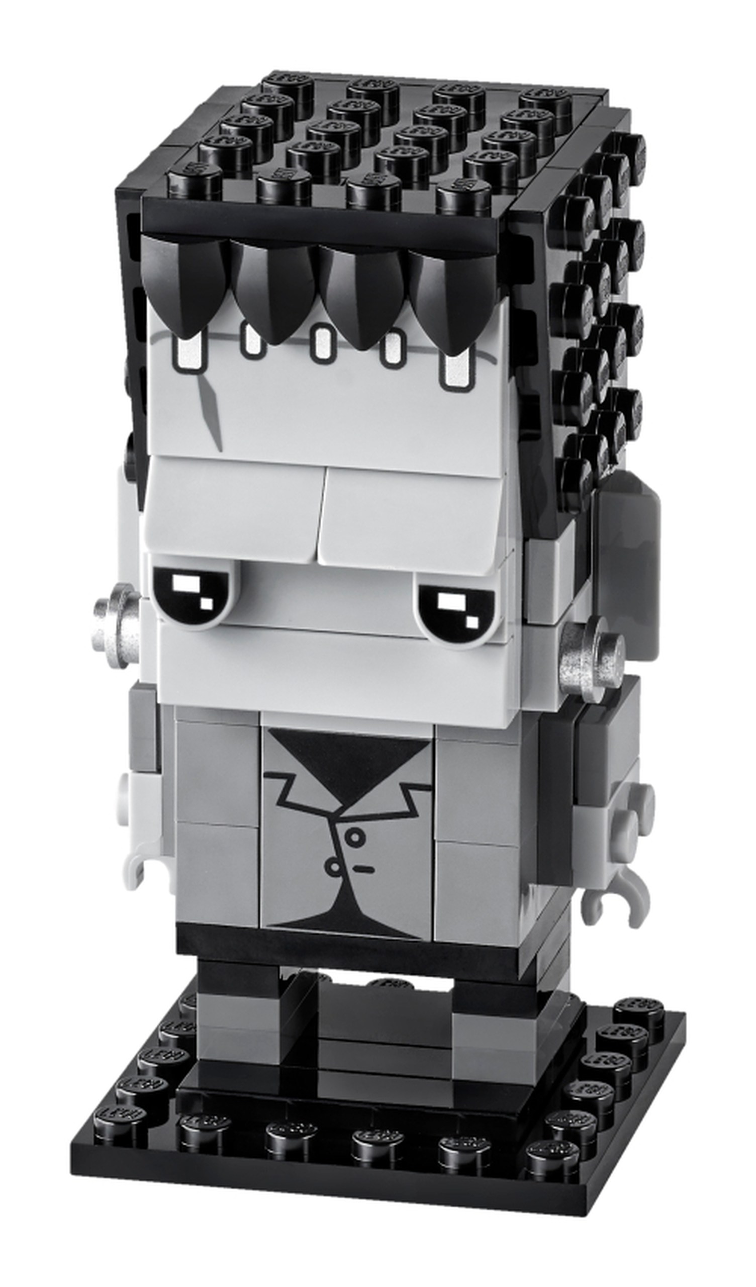 Modèle officiel LEGO 40422 : Le monstre adopte une palette de gris et de noir : front imprimé de cicatrices et d’agrafes, yeux à paupières, frange noire en pointes et manteau imprimé. Deux petits éléments argentés évoquent les fixations de son cou.