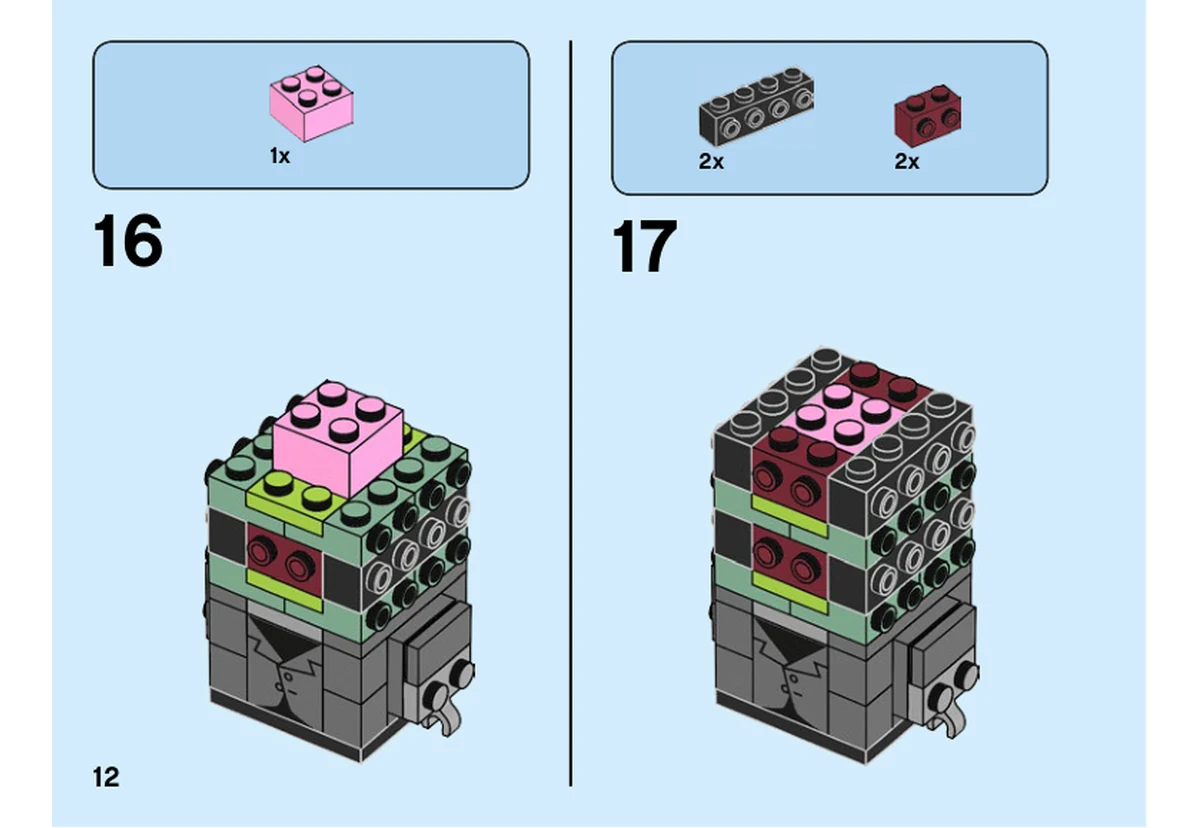 Notice LEGO 40422, livret 6328449, page 12, étape 16 et 17 : La brique rose ferme le centre du noyau ; des briques latérales grises et rouge foncé sont ensuite ajoutées.