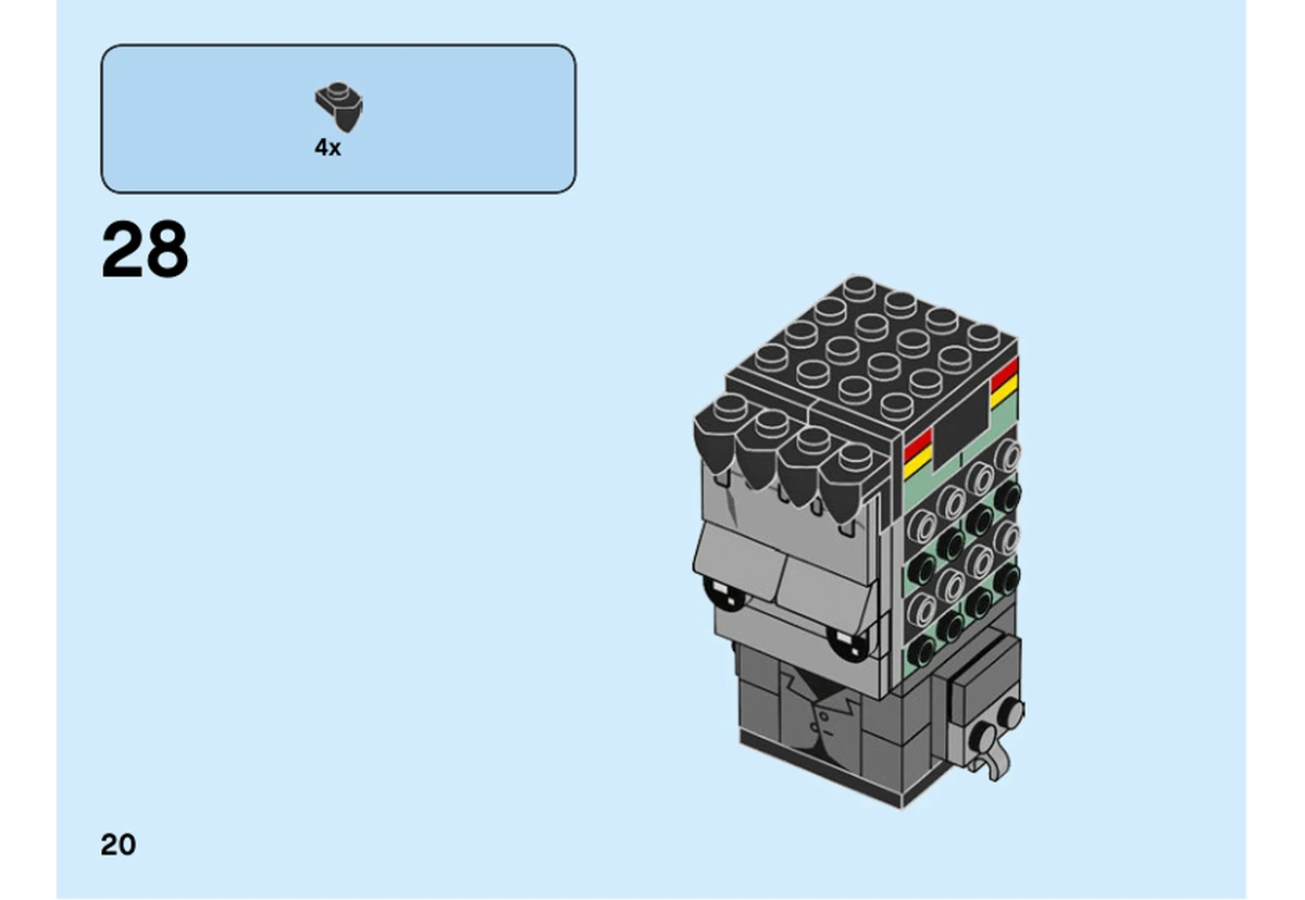 Notice LEGO 40422, livret 6328449, page 20, étape 28 : Quatre plaques noires à dent verticale sont fixées au-dessus du front imprimé.