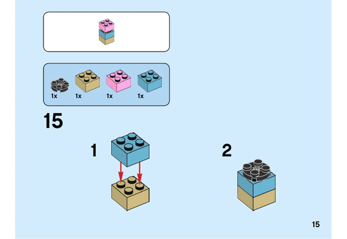 Notice officielle LEGO 40425, livret 6330113, page 15, étape 15 : Cette page commence un petit empilement beige et bleu, puis ajoute une plaque ronde noire. La brique rose et la pose dans la tête sont montrées sur la page suivante.