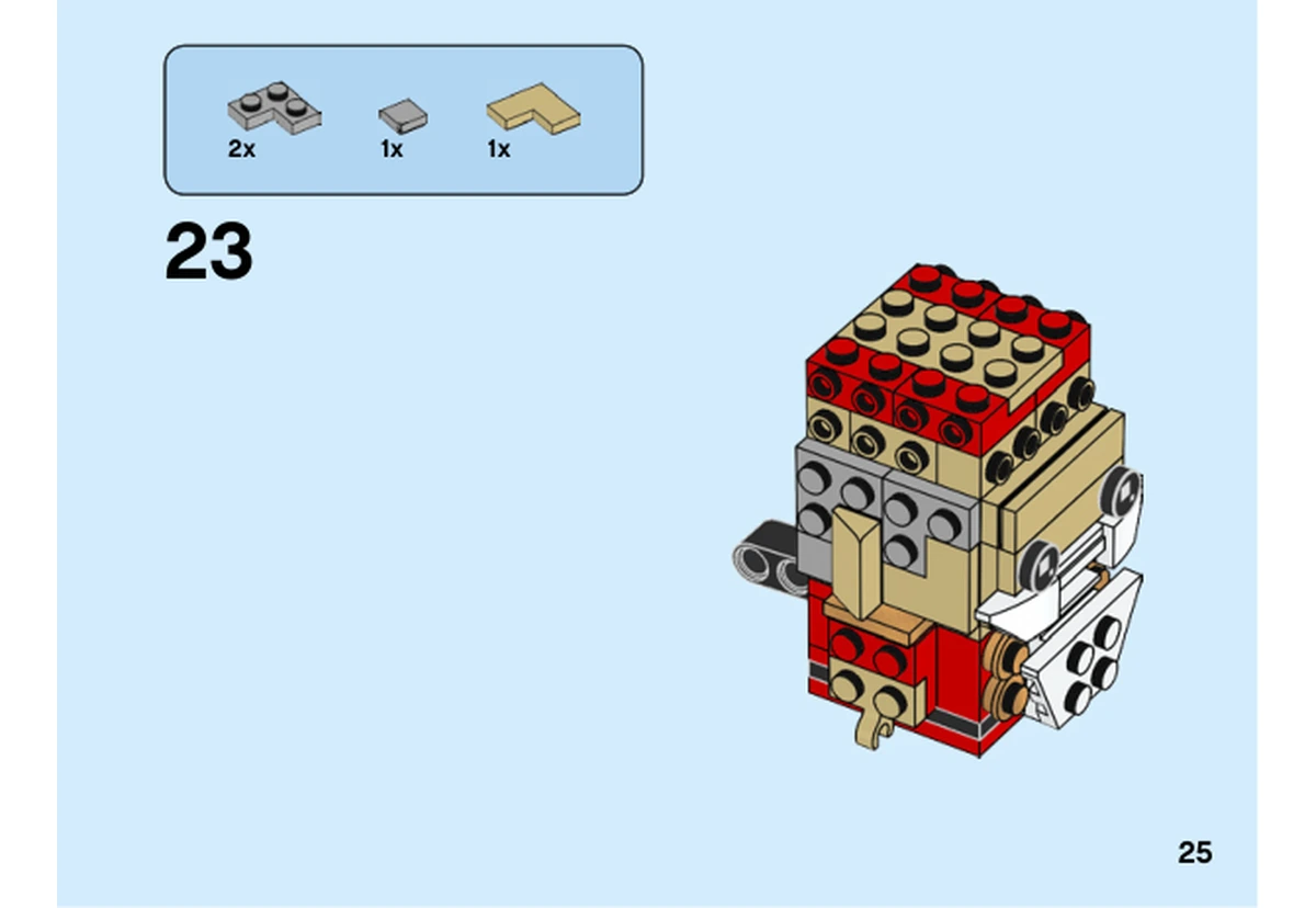 Notice officielle LEGO 40425, livret 6330113, page 25, étape 23 : Deux plaques grises, une tuile grise et une tuile d’angle beige complètent l’habillage autour de la tête encore ouverte.