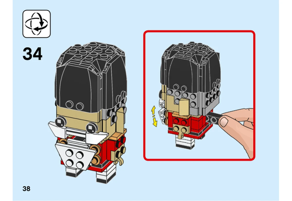 Notice officielle LEGO 40425, livret 6330113, page 38, étape 34 : Après retournement, la vue encadrée montre le levier arrière et le mouvement du mécanisme associé à la bouche.