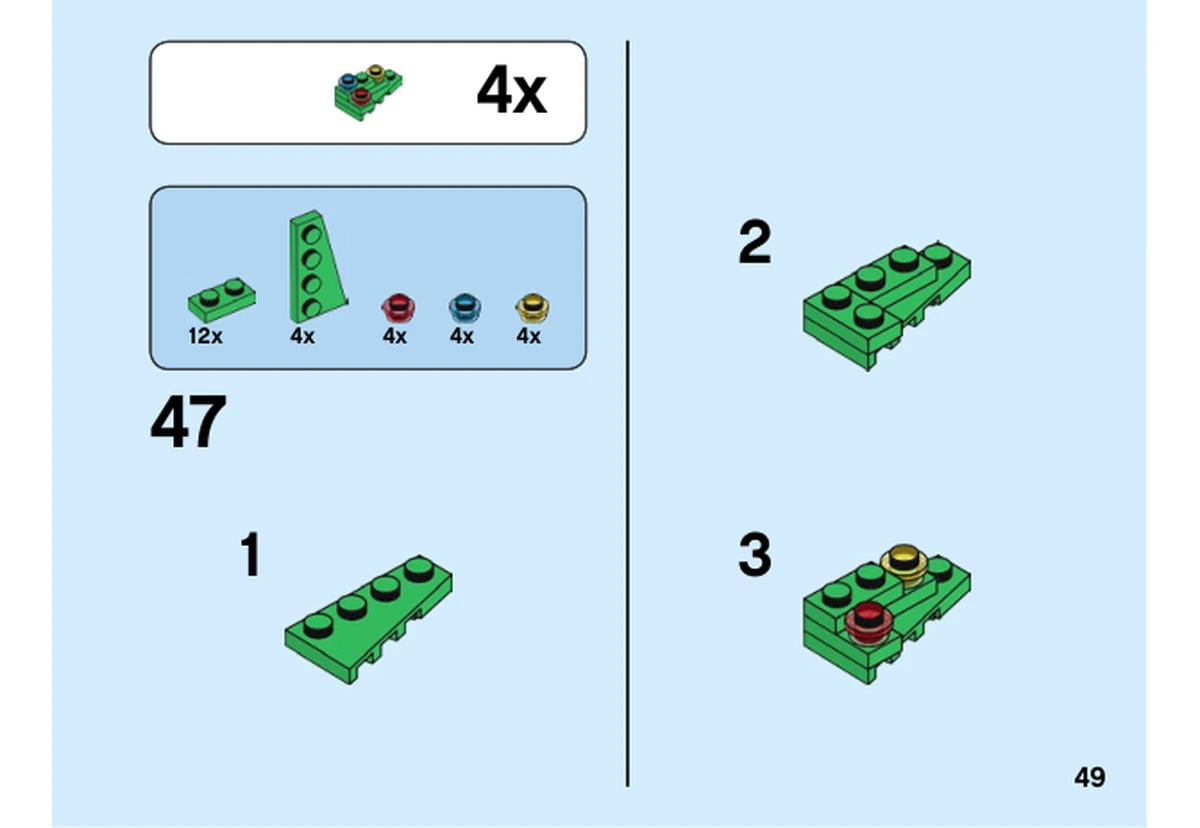 Notice officielle LEGO 40425, livret 6330113, page 49, étape 47 : Quatre sous-assemblages verts reçoivent des petites décorations transparentes rouges, bleues et jaunes. Leur fixation sur le sapin apparaît à la page suivante.