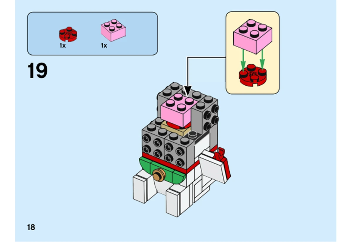 Notice officielle LEGO 40436, livret 6309020, page 18, étape 19 : Une brique rose 2 × 2 est montée sur une plaque ronde rouge, puis placée dans la tête grise encore ouverte.