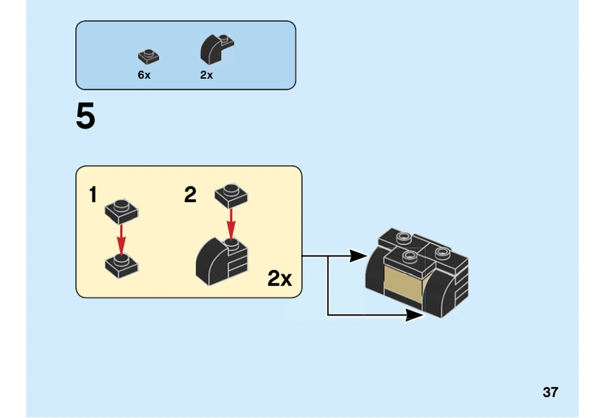 Notice LEGO 40440, livret 6351683, page 37, étape 5 : Deux petits ensembles de plaques et pentes noires se fixent à la construction du chiot.