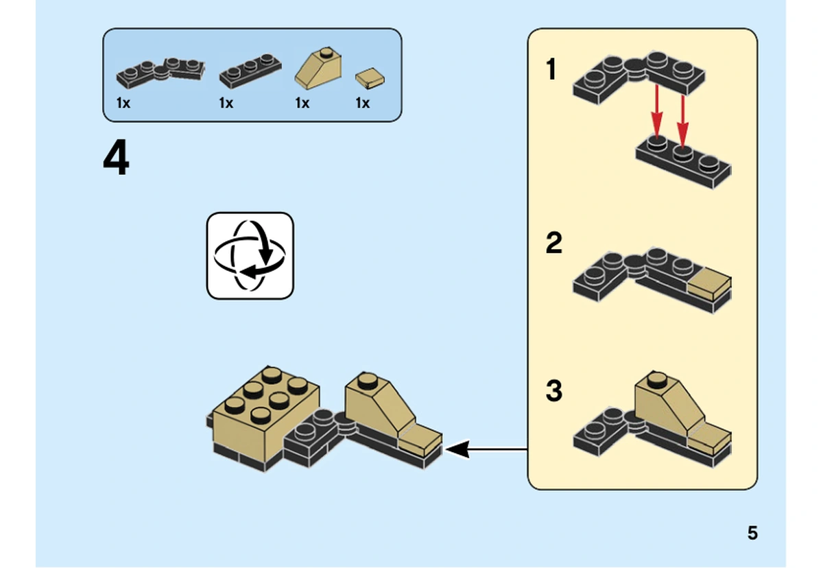 Notice LEGO 40440, livret 6351683, page 5, étape 4 : Un sous-assemblage de plaques noires et beige se monte en trois vues avant fixation au modèle.