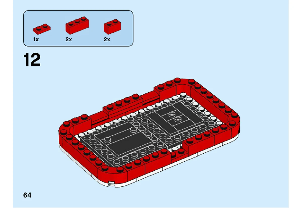 Notice LEGO 40440, livret 6351683, page 64, étape 12 : Les éléments rouges complètent le pourtour du support noir et blanc.