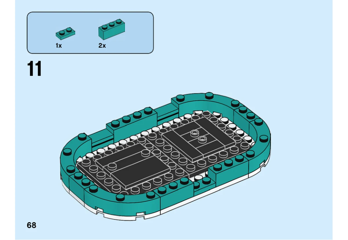 Notice LEGO 40441, livret 6351693, page 68, étape 11 : Des briques turquoise complètent la bordure du support noir et blanc.