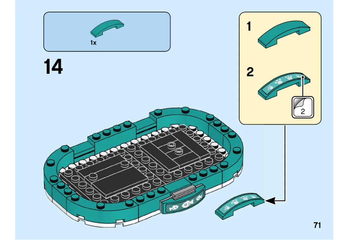 Notice LEGO 40441, livret 6351693, page 71, étape 14 : L’autocollant numéro 2 se pose sur la façade courbe turquoise avant fixation au panier.