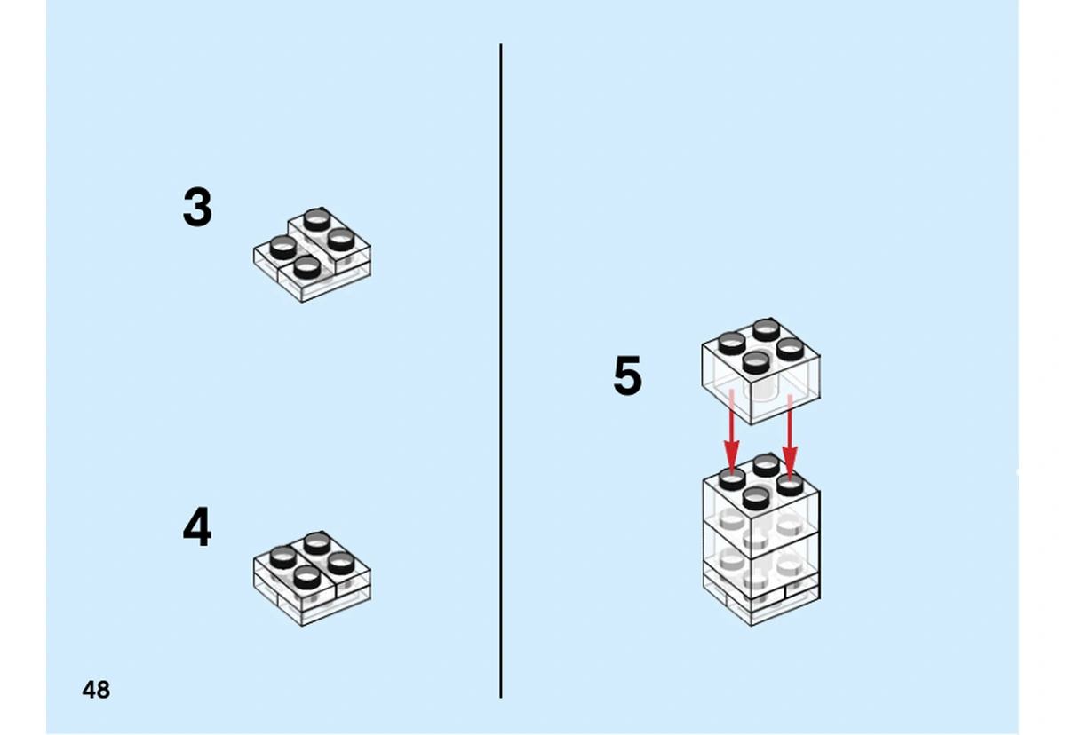 Notice LEGO 40442, livret 6357923, page 48, étape 3 à 5 : Les colonnes transparentes sont assemblées sur le décor pour porter les deux poissons en hauteur.
