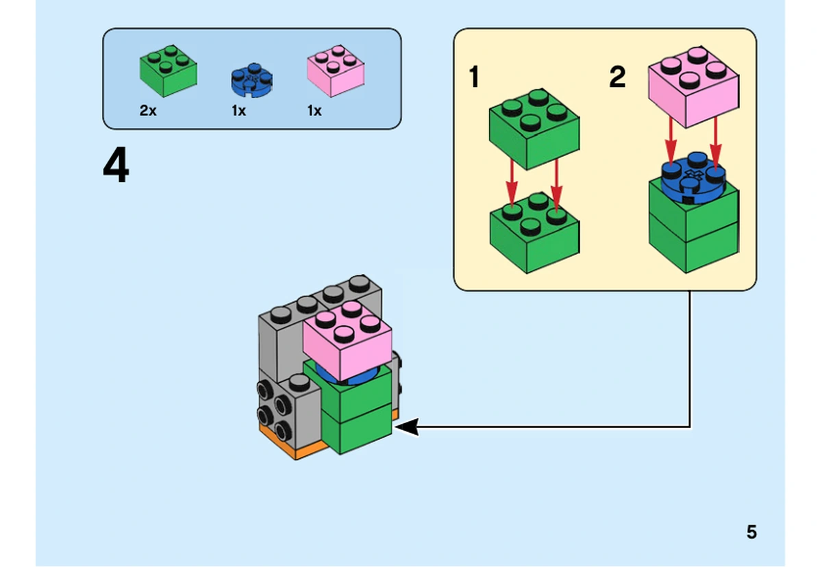 Notice LEGO 40442, livret 6357923, page 5, étape 4 : Les éléments verts, bleus et roses du noyau interne sont assemblés avant insertion dans la structure grise.