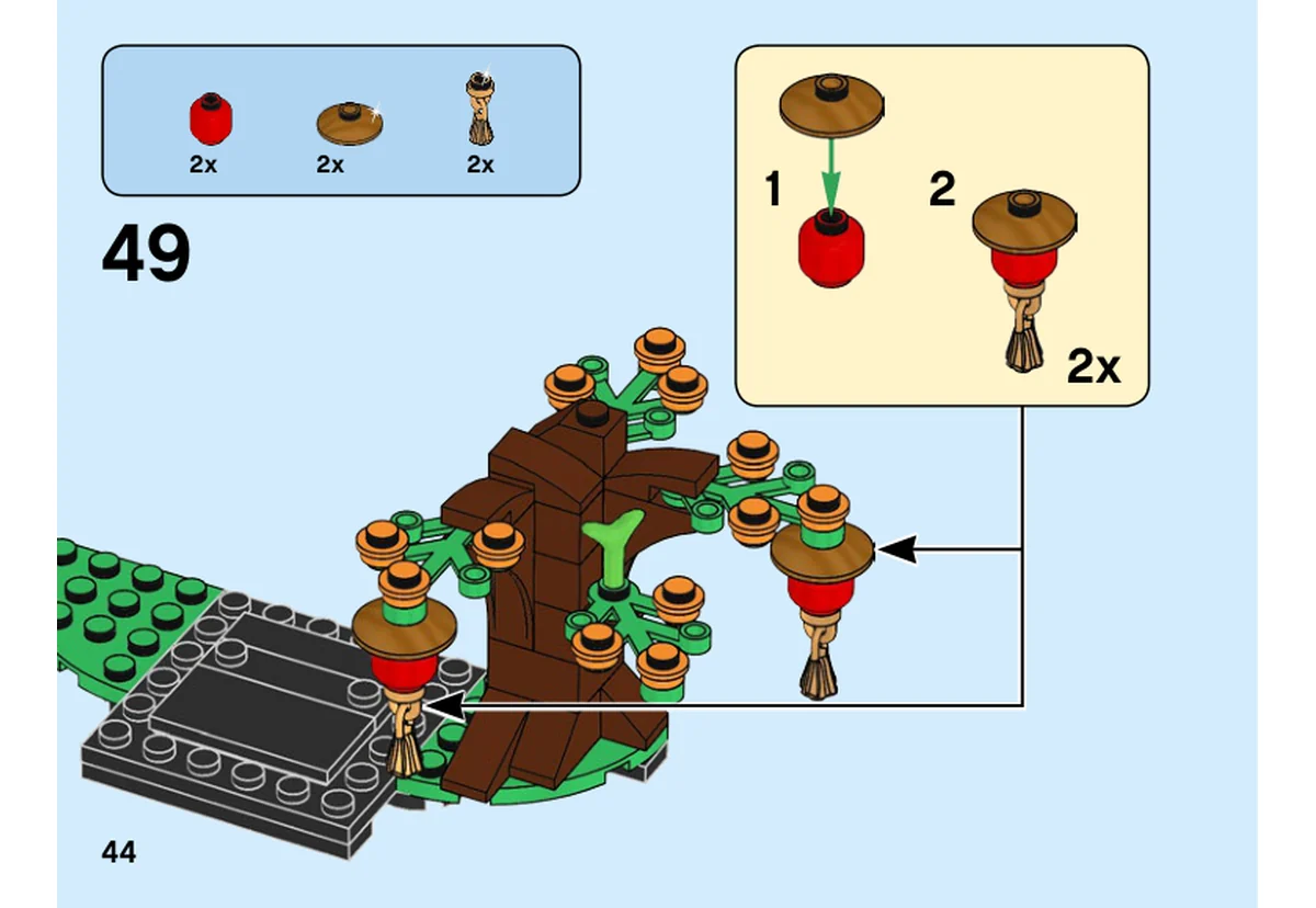 Notice officielle LEGO 40466, livret 6351432, page 44, étape 49 : Deux pendentifs rouges et dorés sont préparés puis accrochés aux branches du décor.