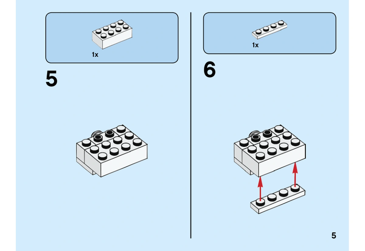 Notice officielle LEGO 40466, livret 6351432, page 5, étapes 5 et 6 : Une brique blanche 1 × 4, puis une plaque blanche 1 × 3 complètent la base blanche du corps.