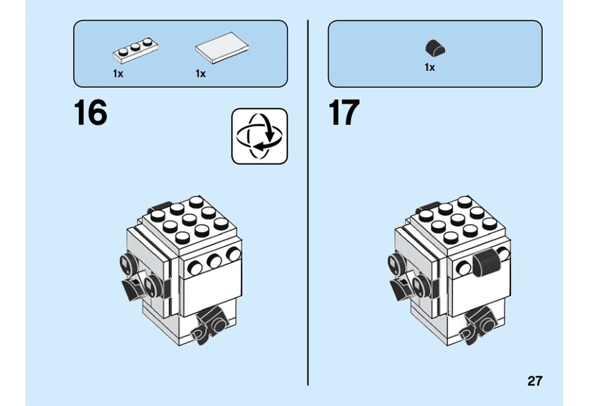 Notice officielle LEGO 40466, livret 6351442, page 27, étape 16 et 17 : Après retournement, les surfaces blanches recouvrent une face du petit panda ; un quart de cercle noir complète ensuite un côté.