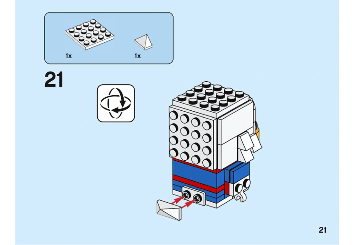 Notice officielle LEGO 40477, livret 6372473, page 21, étape 21 : Après retournement, une petite pièce blanche complète la queue au bas du dos de Picsou.
