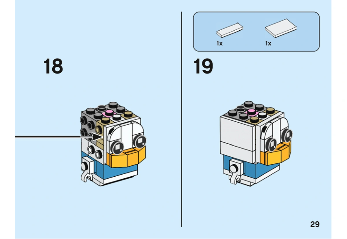 Notice officielle LEGO 40477, livret 6372475, page 29, étape 18 et 19 : La figure bleue reçoit des tuiles blanches sur une face de la tête encore ouverte.