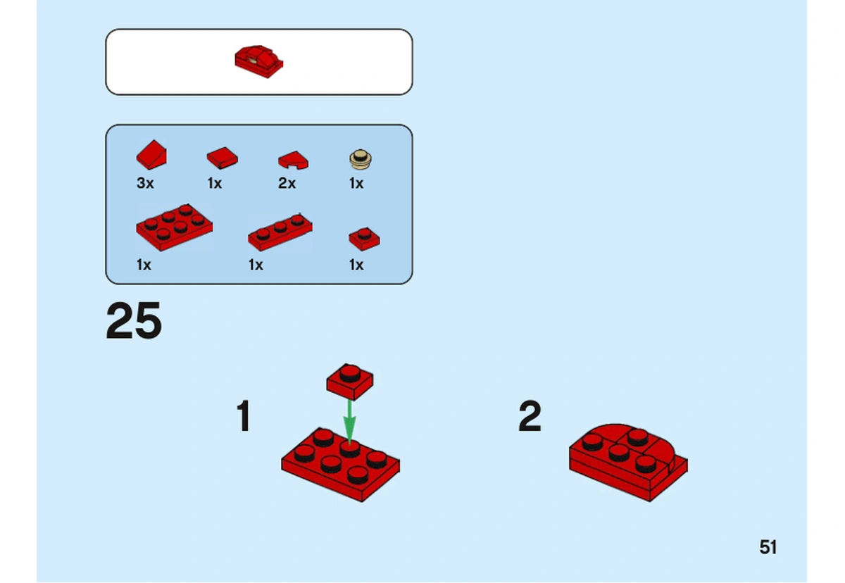 Notice officielle LEGO 40477, livret 6372475, page 51, étape 25 : Les plaques et pentes rouges forment un sous-ensemble de casquette ; sa fixation intervient ensuite.