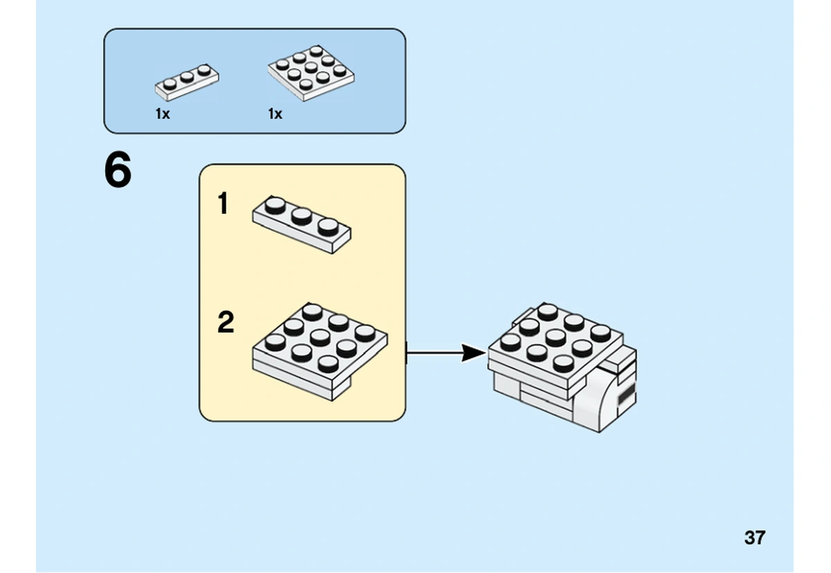 Notice officielle LEGO 40479, livret 6397165, page 37, étape 6 : Une brique et une plaque blanches forment un petit sous-ensemble, ajouté au corps du chiot.