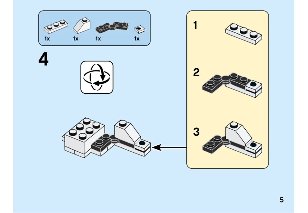 Notice officielle LEGO 40479, livret 6397165, page 5, étape 4 : Un petit sous-ensemble blanc et gris prépare une partie inclinée du corps après retournement.
