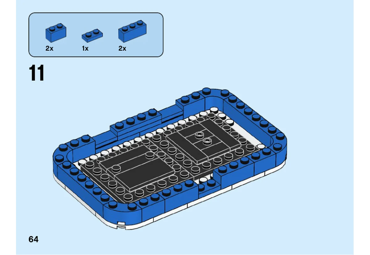 Notice officielle LEGO 40479, livret 6397165, page 64, étape 11 : Des briques et plaques bleues prolongent les bords du panier sur le socle noir commun.