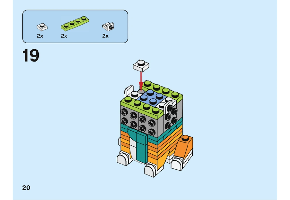 Notice officielle LEGO 40480, livret 6372358, page 20, étape 19 : Deux supports gris à tenon latéral, deux plaques blanches et une plaque vert citron complètent le noyau ouvert de la tête du chat adulte.