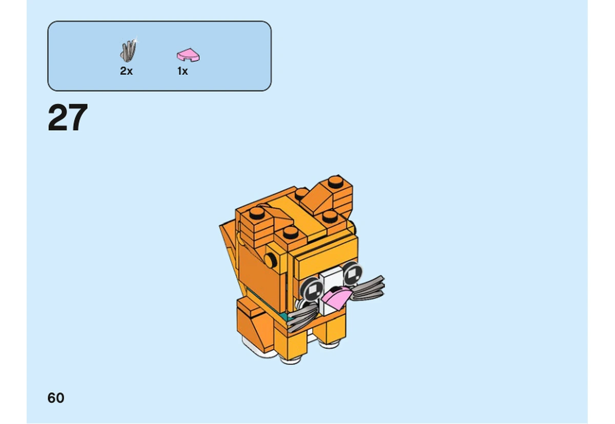 Notice officielle LEGO 40480, livret 6372358, page 60, étape 27 : Deux accessoires argentés et la petite tuile rose rejoignent le visage du chaton.