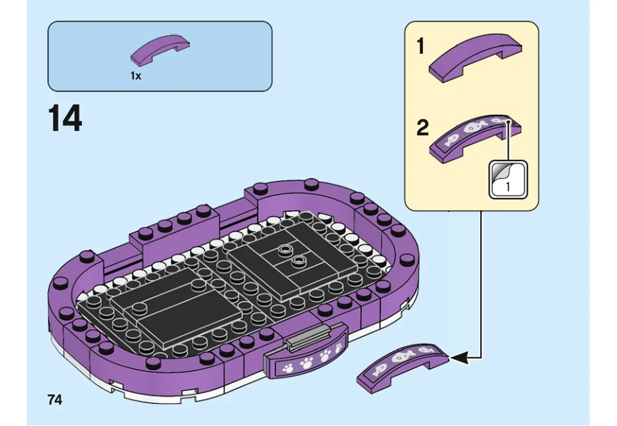 Notice officielle LEGO 40480, livret 6372358, page 74, étape 14 : La notice propose deux autocollants pour la bordure incurvée violette ; choisissez le décor avant de fixer la bordure au panier.