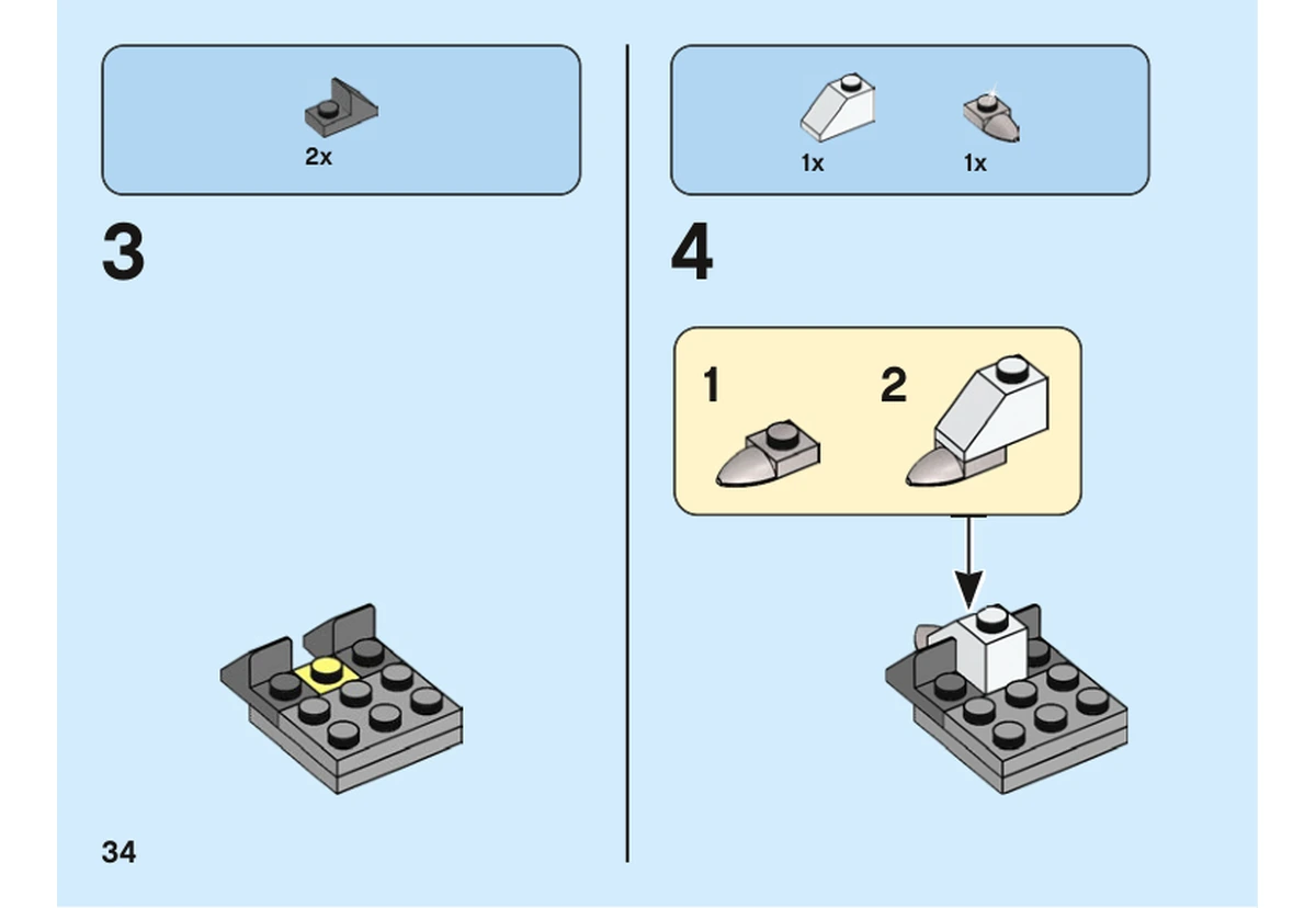 Notice officielle LEGO 40481, livret 6372362, page 34, étape 3 et 4 : Deux pièces grises prolongent la base ; une pente grise et une courbe blanche forment ensuite un petit sous-assemblage.