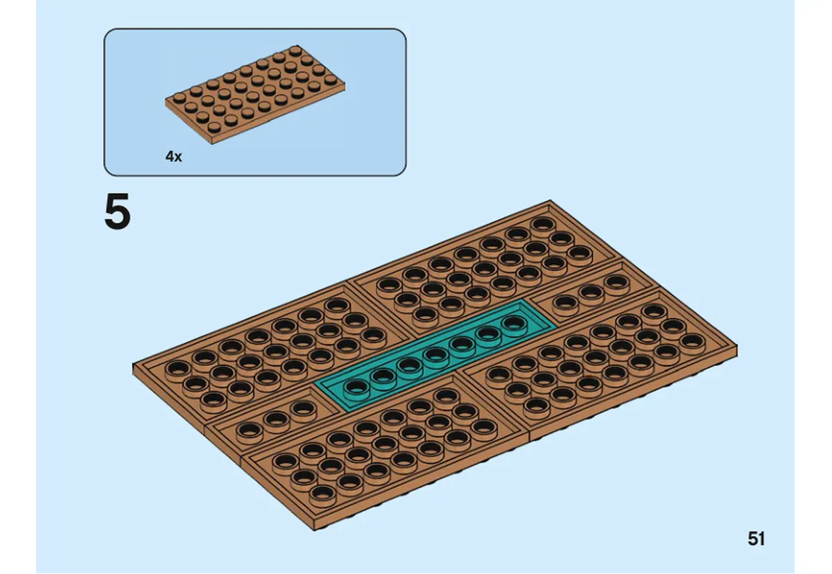 Notice officielle LEGO 40481, livret 6372362, page 51, étape 5 : Quatre plaques marron 4 × 8 recouvrent le dessous de la grande base, autour d’une plaque turquoise centrale.