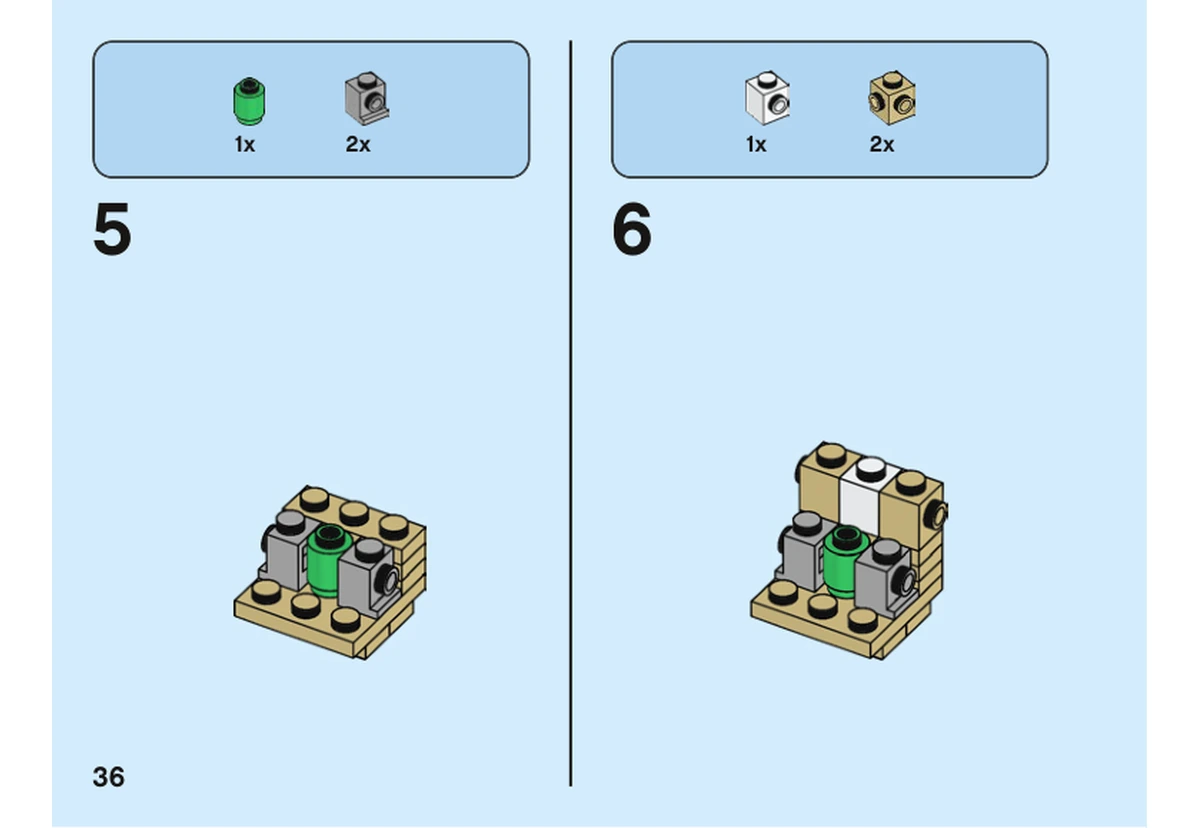 Notice officielle LEGO 40482, livret 6372365, page 36, étape 5 et 6 : Une brique verte et deux supports gris complètent le noyau ; deux autres petites briques latérales rejoignent ensuite la base.