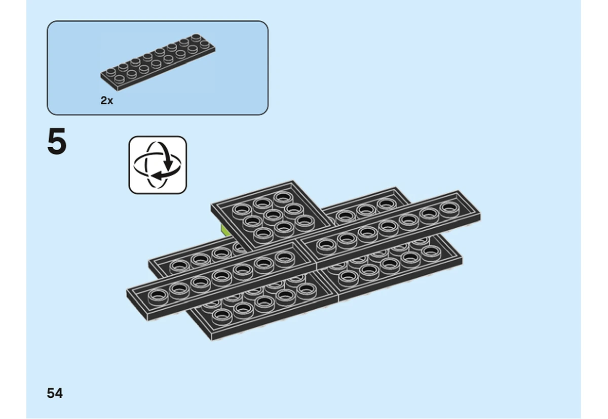 Notice officielle LEGO 40482, livret 6372365, page 54, étape 5 : Après retournement, deux longues plaques noires renforcent la base commune par le dessous.