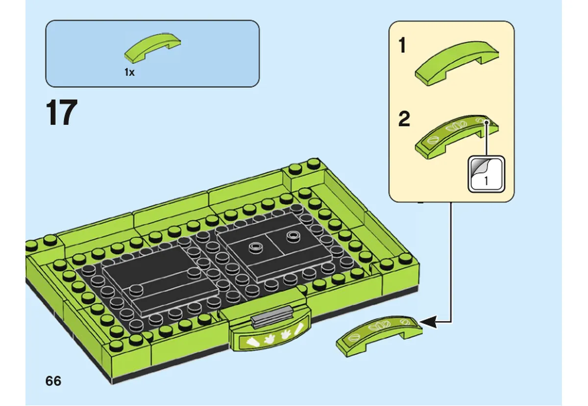 Notice officielle LEGO 40482, livret 6372365, page 66, étape 17 : Deux motifs d’autocollants sont proposés pour la bordure incurvée vert citron, posée à l’avant du socle.