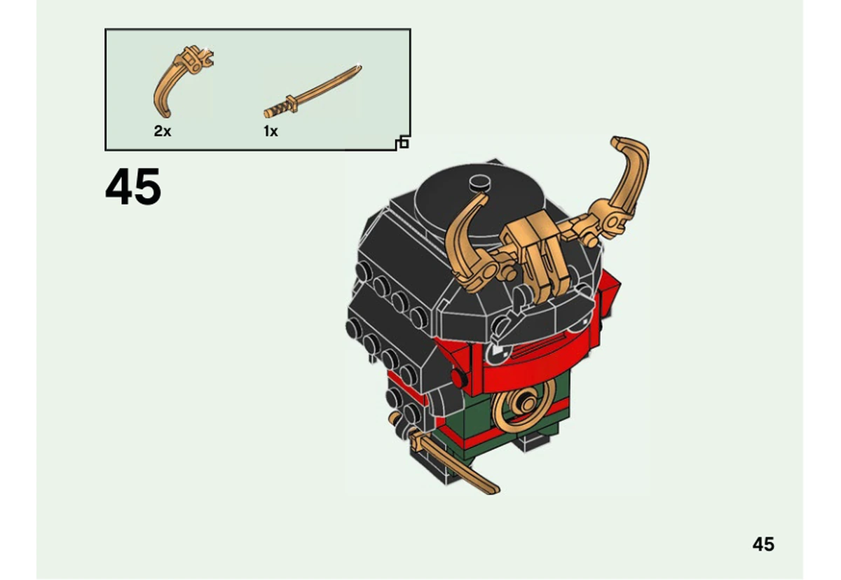 Notice officielle LEGO 40490, livret 6368652, page 45, étape 45 : Deux grandes cornes dorées sont clipsées de chaque côté du casque de Nya Samouraï X, puis un katana doré est placé dans sa main. L’ornement de casque 11437 est déjà en place.
