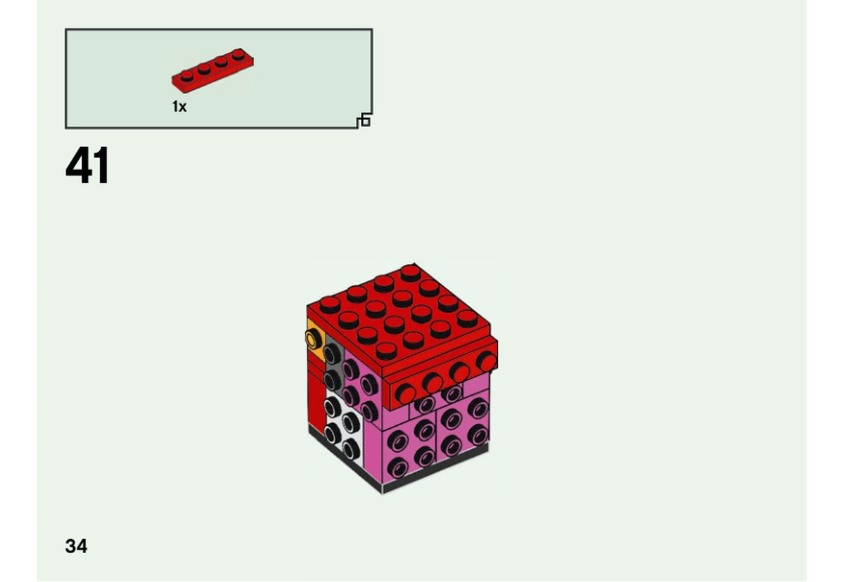 Notice officielle LEGO 40490, livret 6368654, page 34, étape 41 : Une plaque rouge complète le sommet du noyau à tenons latéraux rose et blanc de la tête du dragon.