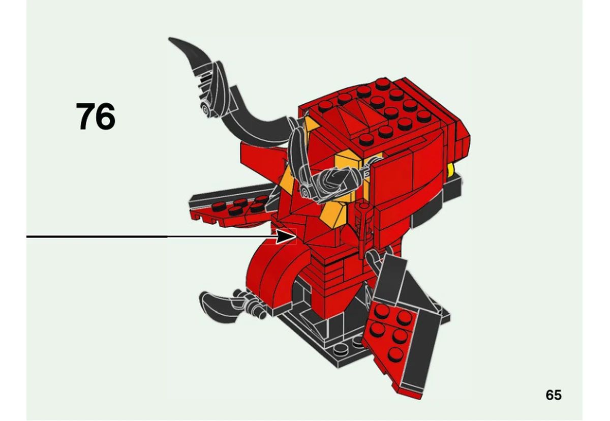 Notice officielle LEGO 40490, livret 6368654, page 65, étape 76 : Le dragon Firstbourne terminé, avec ses cornes noires, ses ailes et sa queue rouge, est placé sur le socle noir.