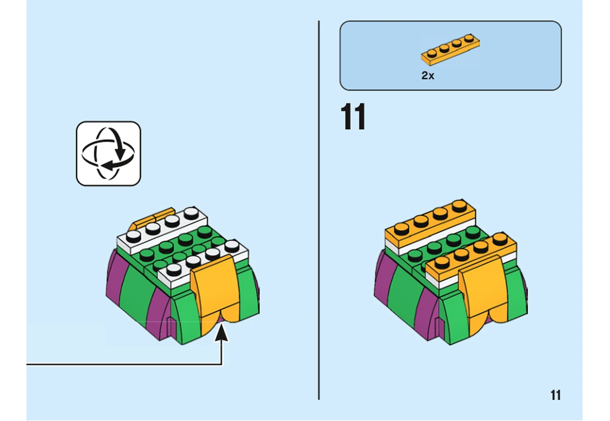Notice officielle LEGO 40492, livret 6376432, page 11, étape 11 : Après la vue retournée de la robe, deux plaques orange clair vif prolongent son sommet.