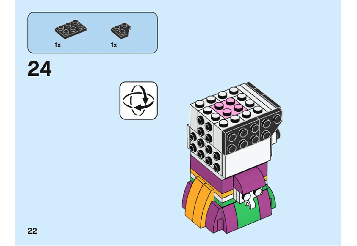 Notice officielle LEGO 40492, livret 6376432, page 22, étape 24 : Après retournement, deux briques noires complètent la tête ouverte ; la brique rose centrale reste visible.